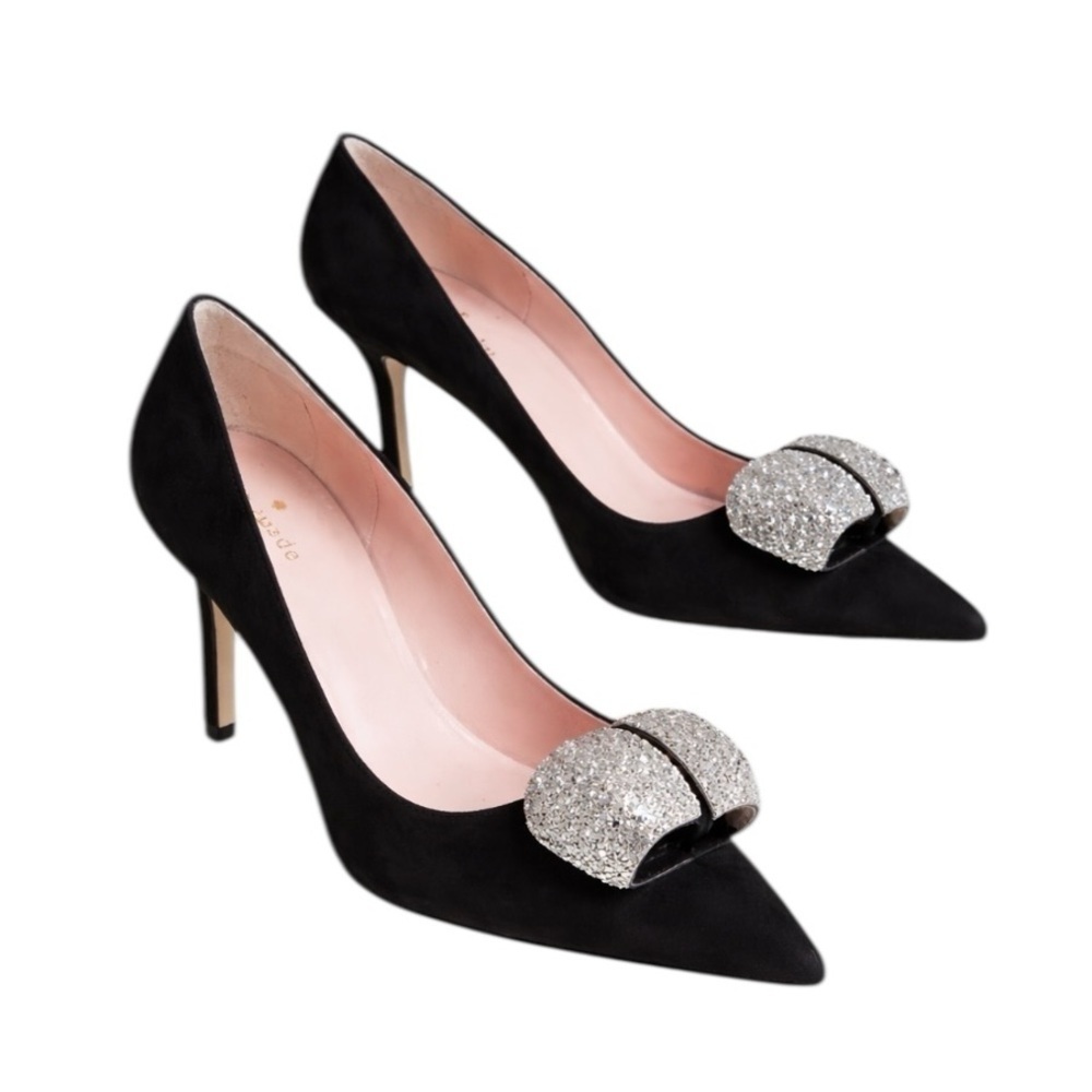 Kate Spade - Black Suede Pointed Toe Pumps Crystal Bow Heels Size 8